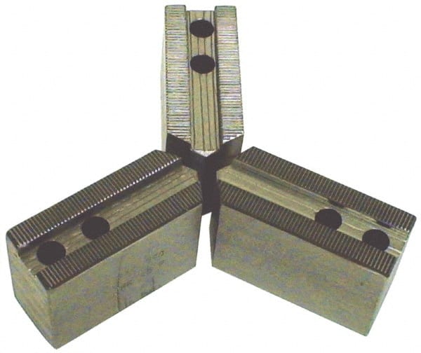 H & R Manufacturing - 1.5mm x 60° Serrated Attachment, Square Soft Lathe Chuck Jaw - 3 Jaws, Steel, 1.181" Btw Mount Hole Ctrs, 4" Long x 1-3/4" Wide x 3-1/2" High, 0.63" Groove, 12mm Fastener - Exact Tooling