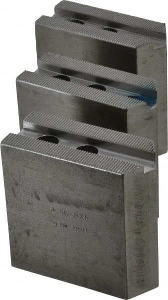 H & R Manufacturing - 1.5mm x 60° Serrated Attachment, Square Soft Lathe Chuck Jaw - 3 Jaws, Steel, 1" Btw Mount Hole Ctrs, 3-1/2" Long x 1-1/2" Wide x 3-1/2" High, 0.551" Groove, 12mm Fastener - Exact Tooling