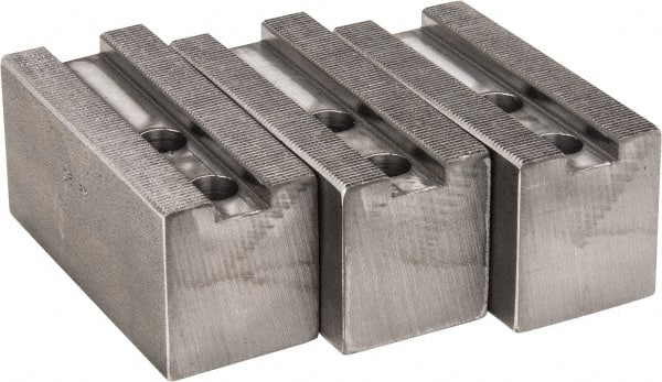 H & R Manufacturing - 1.5mm x 60° Serrated Attachment, Square Soft Lathe Chuck Jaw - 3 Jaws, Steel, 1.181" Btw Mount Hole Ctrs, 4" Long x 1-3/4" Wide x 2" High, 0.63" Groove, 12mm Fastener - Exact Tooling