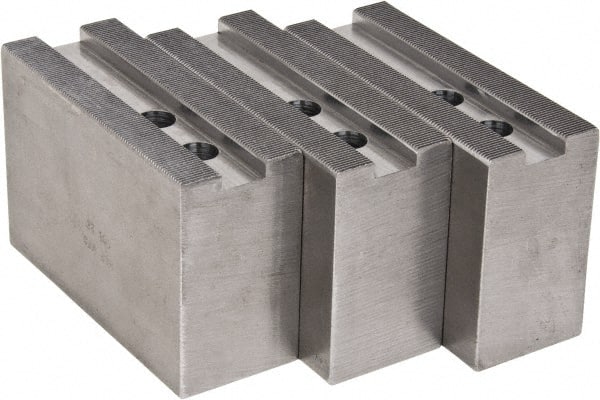 H & R Manufacturing - 1.5mm x 60° Serrated Attachment, Square Soft Lathe Chuck Jaw - 3 Jaws, Steel, 1.181" Btw Mount Hole Ctrs, 5-1/4" Long x 2" Wide x 3-1/2" High, 0.71" Groove, 12mm Fastener - Exact Tooling