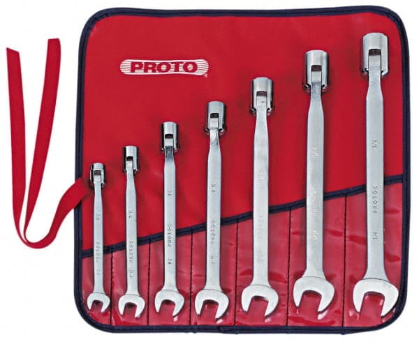 Proto - 7 Piece, 3/8" to 3/4", 12 Point Flex Head Combination Wrench Set - Inch Measurement Standard, Satin Finish, Comes in Nylon Roll - Exact Tooling