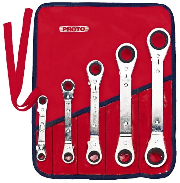 Proto - 5 Piece, 1/4 x 5/16 to 3/4 x 7/8", 6 & 12 Point, Ratcheting Box Wrench Set - Inch System of Measurement, Full Polish Finish, Comes in Nylon Roll - Exact Tooling