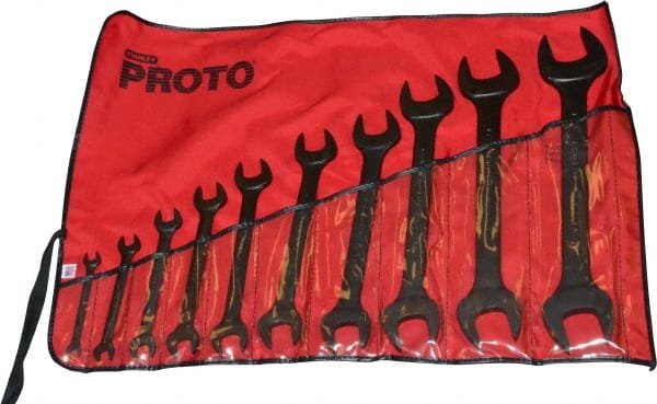 Proto - 10 Piece, 5/16" x 3/8" to 1-1/2" x 1-5/8", Open End Wrench Set - Inch Measurement Standard, Black Oxide Finish, Comes in Nylon Roll - Exact Tooling