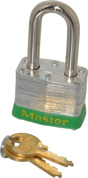 Master Lock - Keyed Alike Retaining Key Conductive Lockout Padlock - 1-1/2" Shackle Clearance, 9/32" Shackle Diam, 1-1/4" Body Height x 1-9/16" Body Width, Green, 4 Pins - Exact Tooling