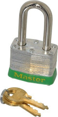 Master Lock - Keyed Alike Retaining Key Conductive Lockout Padlock - 1-1/2" Shackle Clearance, 9/32" Shackle Diam, 1-1/4" Body Height x 1-9/16" Body Width, Green, 4 Pins - Exact Tooling