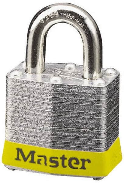 Master Lock - Keyed Alike Retaining Key Conductive Lockout Padlock - 3/4" Shackle Clearance, 9/32" Shackle Diam, 1-1/4" Body Height x 1-9/16" Body Width, Yellow, 4 Pins - Exact Tooling