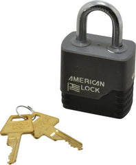 American Lock - 1-1/8" Shackle Clearance, Keyed Different Padlock with Weather Cover - 5/16" Shackle Diam, Brass - Exact Tooling