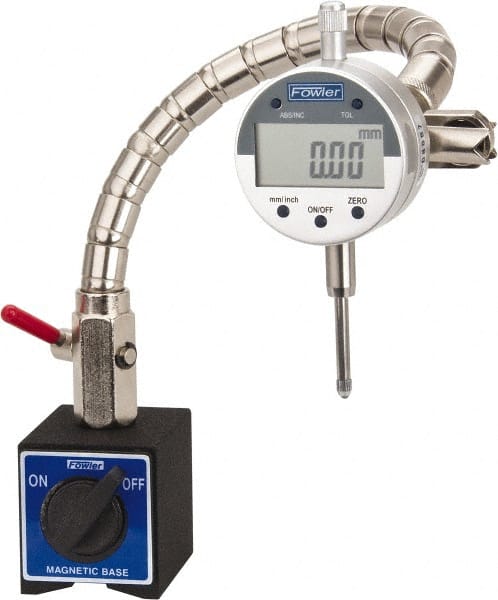 Fowler - 0.0005" Graduation, 0-15-0 Dial Reading, Electronic Indicator & Base Kit - 0.01mm Resolution, 1-1/4" Base Length x 1-1/4" Base Height, 1.26" Base Diam, 2-1/4" Dial Diam - Exact Tooling