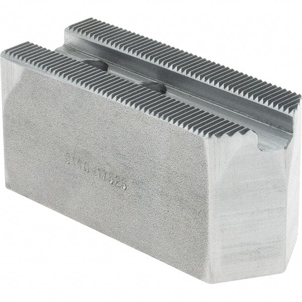 Atlas Workholding - 1.5mm x 60° Serrated Attachment, Square Soft Lathe Chuck Jaw - Steel, 0.787" Btw Mount Hole Ctrs, 3-1/8" Long x 1-1/4" Wide x 1-1/2" High, 0.475" Groove, M10mm Fastener - Exact Tooling