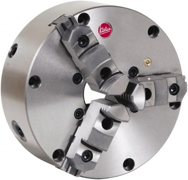 Atlas Workholding - 3 Jaws, 6" Diam, Self Centering Manual Lathe Chuck - Plain Back Mount Spindle, Adjustable, Reversible, 3,000 Max RPM, 1.54" Through Hole Diam, Cast Iron - Exact Tooling