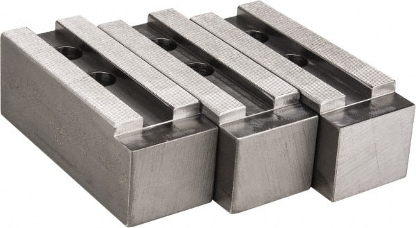 H & R Manufacturing - 1.5mm x 60° Serrated Attachment, Square Soft Lathe Chuck Jaw - 3 Jaws, Steel, 1.69" Btw Mount Hole Ctrs, 6-1/2" Long x 2-1/2" Wide x 2-1/2" High, 0.866" Groove, 20mm Fastener - Exact Tooling