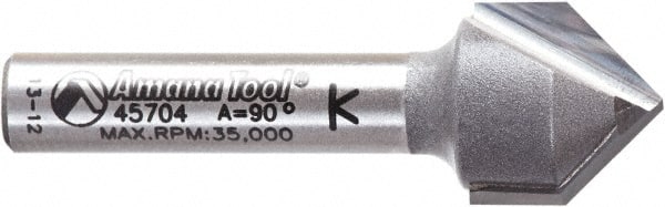 Amana Tool - 1/2" Cut Diam, 1/2" Length of Cut, 2 Flute V-Groove Edge Profile Router Bit - Carbide-Tipped, 1/4" Shank Diam, 1-5/8" OAL, Uncoated - Exact Tooling