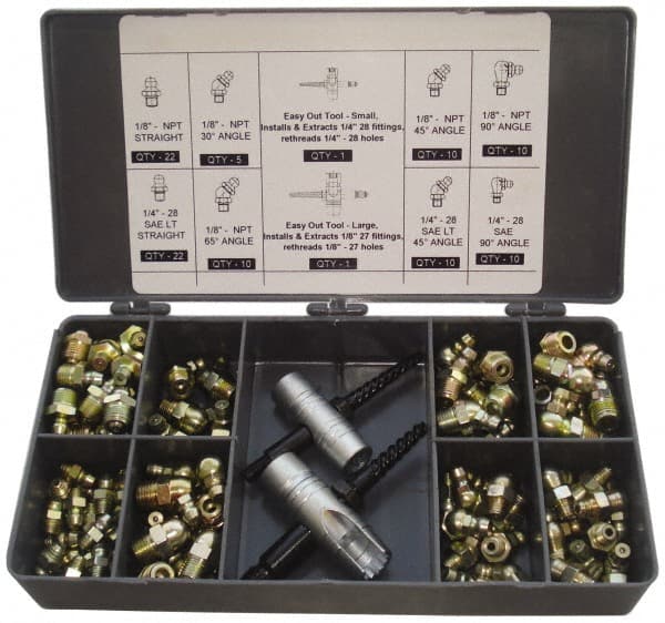 PRO-LUBE - 101 Piece, Inch, Box Plastic Steel Grease Fitting Set - Includes PTF, UNF Thread Types, Includes 1/4-28 SAE-LT: (22) Straight, (10) 45°, (10) 90°, 1/8-27 PTF: (22) Straight, (5) 30°, (10) 45°, (10) 65°, (10) 90° - Exact Tooling