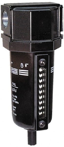 ARO/Ingersoll-Rand - 1/2" Port, 7.047" High x 2.874" Wide Standard Filter with Metal Bowl, Manual Drain - 197 SCFM, 250 Max psi, 175°F Max Temp, Sight Glass Included, Modular Connection, 2.4 oz Bowl Capacity - Exact Tooling