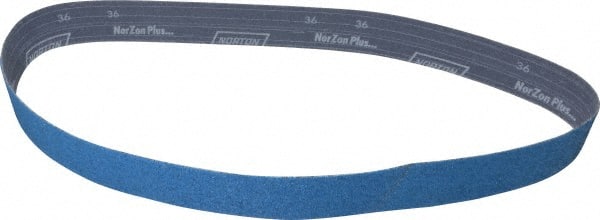 Norton - 2" Wide x 48" OAL, 36 Grit, Zirconia Alumina Abrasive Belt - Zirconia Alumina, Very Coarse, Coated, Y Weighted Cloth Backing, Dry, Series R821 - Exact Tooling
