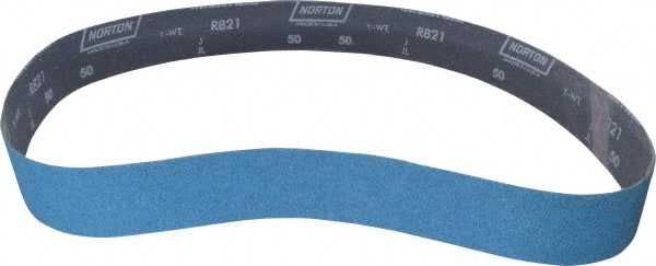 Norton - 2" Wide x 48" OAL, 50 Grit, Zirconia Alumina Abrasive Belt - Zirconia Alumina, Coarse, Coated, Y Weighted Cloth Backing, Dry, Series R821 - Exact Tooling
