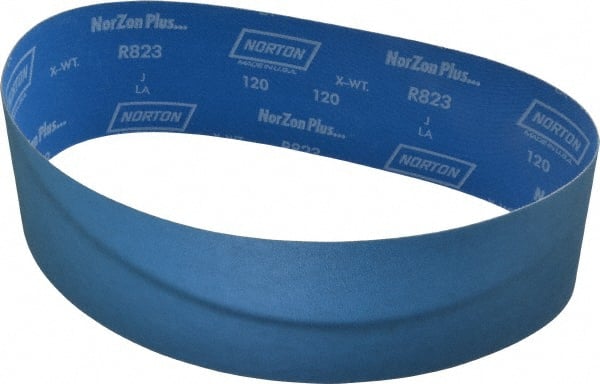Norton - 4" Wide x 36" OAL, 120 Grit, Zirconia Alumina Abrasive Belt - Zirconia Alumina, Fine, Coated, X Weighted Cloth Backing, Series R823 - Exact Tooling