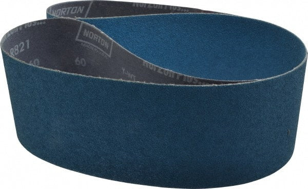 Norton - 4" Wide x 54" OAL, 60 Grit, Zirconia Alumina Abrasive Belt - Zirconia Alumina, Medium, Coated, Y Weighted Cloth Backing, Dry, Series R821 - Exact Tooling