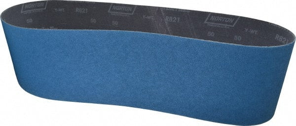 Norton - 6" Wide x 48" OAL, 50 Grit, Zirconia Alumina Abrasive Belt - Zirconia Alumina, Coarse, Coated, Y Weighted Cloth Backing, Dry, Series R821 - Exact Tooling