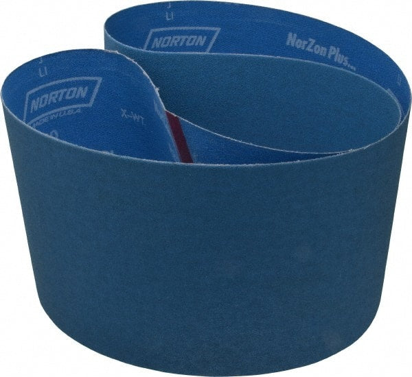 Norton - 6" Wide x 48" OAL, 120 Grit, Zirconia Alumina Abrasive Belt - Zirconia Alumina, Fine, Coated, X Weighted Cloth Backing, Series R823 - Exact Tooling