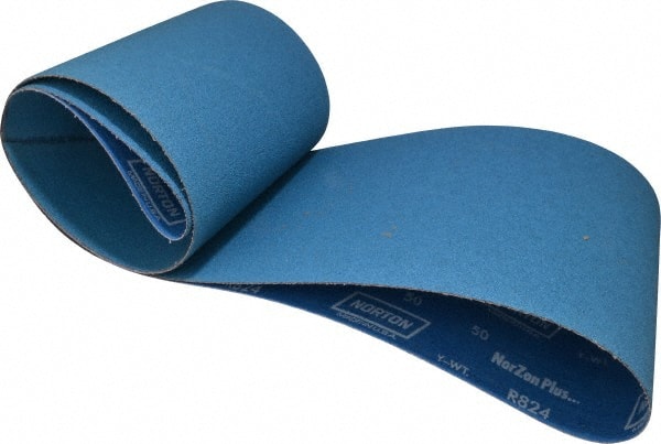 Norton - 8" Wide x 107" OAL, 50 Grit, Zirconia Alumina Abrasive Belt - Zirconia Alumina, Coarse, Coated, Y Weighted Cloth Backing - Exact Tooling