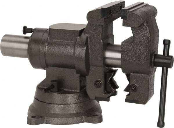 Palmgren - 5-1/8" Jaw Width x 4, 4-1/2" (V-Jaw) Jaw Opening Capacity, 3-1/2" Throat Depth, Bench & Pipe Combination Vise - 1/4 to 3-1/2" Pipe Capacity, Swivel Base, Bolt Down Attachment, Cast Iron (Body), Steel (Jaw Plate) - Exact Tooling