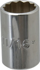 Proto - 11/16", 1/2" Drive, Standard Hand Socket - 12 Points, 1-1/2" OAL, Chrome Vanadium, Chrome Finish - Exact Tooling