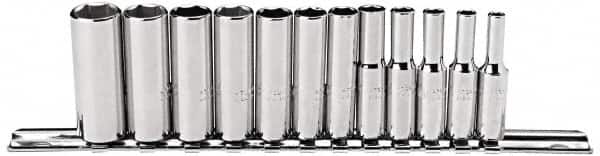 Proto - 12 Piece 1/4" Drive Deep Well Socket Set - 6 Points, 4mm to 14mm Range, Metric Measurement Standard - Exact Tooling