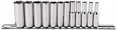 Proto - 12 Piece 1/4" Drive Deep Well Socket Set - 6 Points, 4mm to 14mm Range, Metric Measurement Standard - Exact Tooling