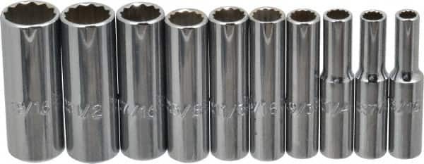 Proto - 10 Piece 1/4" Drive Deep Well Socket Set - 12 Points, 3/16" to 9/16" Range, Inch Measurement Standard - Exact Tooling