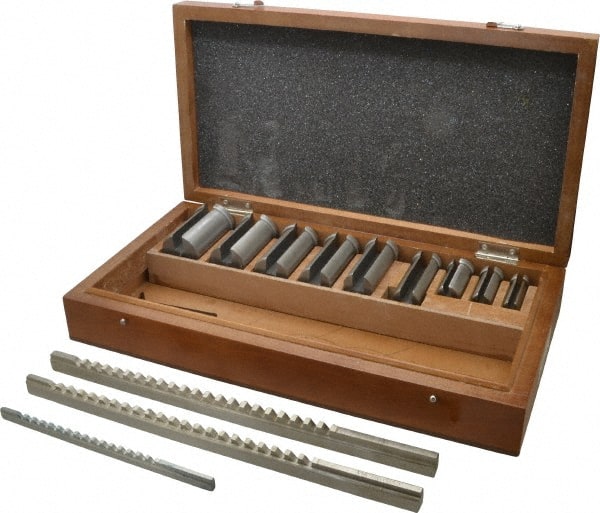 Value Collection - 15 Piece, 1/8 to 1/4" Keyway Width, Style B & C Keyway Broach Set - Bright Finish High Speed Steel Broach, Collared Bushing, 1/2 to 1-1/2" Bushing Diam - Exact Tooling