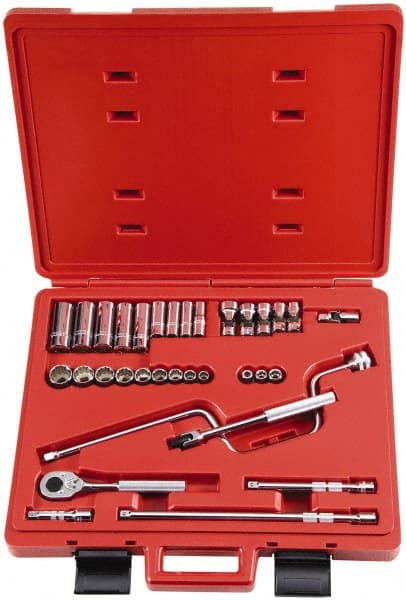 Proto - 33 Piece 3/8" Drive Socket Set - 6, 8, 12 Points, 1/4" to 7/8" Range, Inch Measurement Standard - Exact Tooling