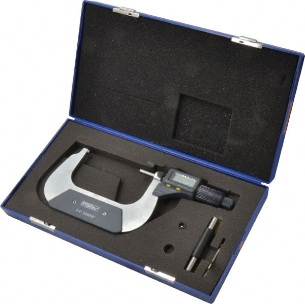 Fowler - 3 to 4 Inch Range, 0.0001 Inch Resolution, Standard Throat, IP54 Electronic Outside Micrometer - 0.0002 Inch Accuracy, Friction Thimble, 357 Battery, Data Output, Includes Case and Wrench - Exact Tooling