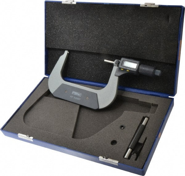 Fowler - 4 to 5 Inch Range, 0.0001 Inch Resolution, Standard Throat, IP54 Electronic Outside Micrometer - 0.0002 Inch Accuracy, Friction Thimble, 357 Battery, Data Output, Includes Case and Wrench - Exact Tooling