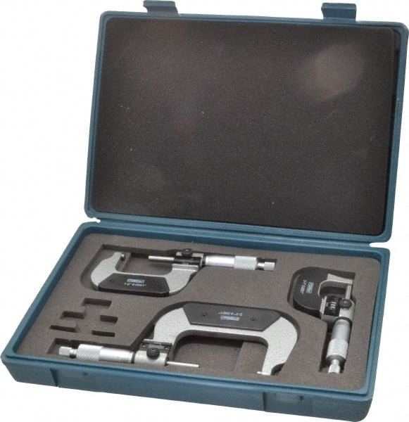 Fowler - 0 to 3" Range, 3 Piece Mechanical Outside Micrometer Set - 0.0001" Graduation, 0.00005 (0 to 1), 0.00016 (1 to 3)" Accuracy, Ratchet Stop Thimble, Carbide Tipped Face - Exact Tooling