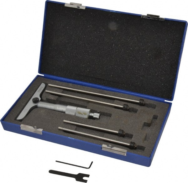 Fowler - 0 to 4" Range, 4 Rod, Satin Chrome Finish Mechanical Depth Micrometer - Ratchet Stop Thimble, 4" Base Length, 0.001" Graduation, 0.176" Rod Diam - Exact Tooling