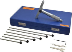 Fowler - 0 to 6" Range, 6 Rod, Satin Chrome Finish Mechanical Depth Micrometer - Ratchet Stop Thimble, 4" Base Length, 0.001" Graduation, 0.176" Rod Diam - Exact Tooling