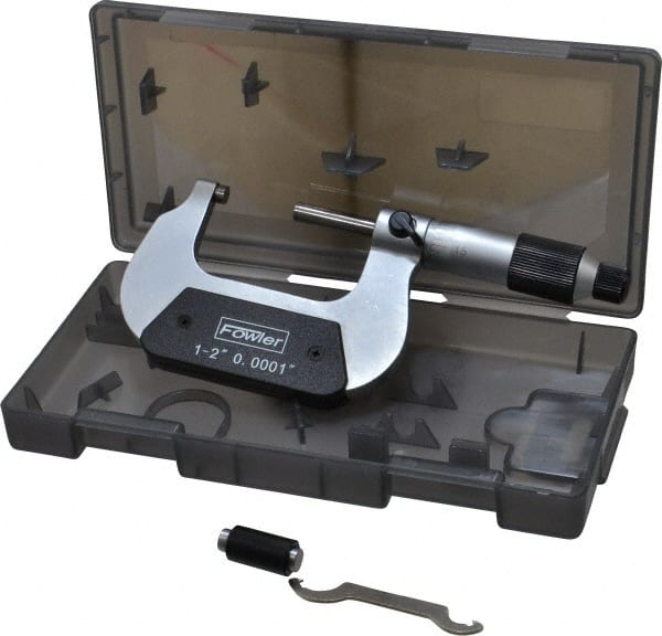 Fowler - 1 to 2" Range, 0.0001" Graduation, Mechanical Outside Micrometer - Ratchet-Friction Thimble, Accurate to 0.0001" - Exact Tooling