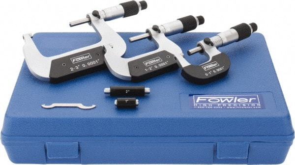 Fowler - 0 to 3" Range, 3 Piece Mechanical Outside Micrometer Set - 0.0001" Graduation, 0.0001 (0 to 2)" Accuracy, Ratchet-Friction Thimble, Carbide Tipped Face - Exact Tooling