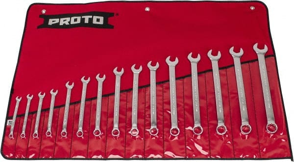 Proto - 15 Piece, 7 to 21mm, 12 Point, Combination Wrench Set - Metric System of Measurement, Satin Finish, Comes in Nylon Roll - Exact Tooling