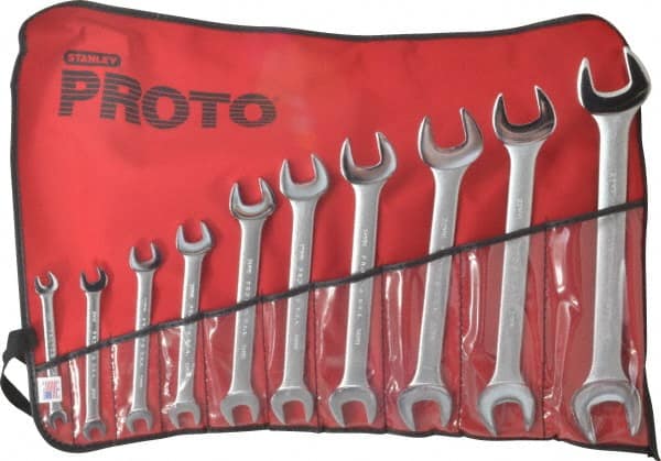 Proto - 10 Piece, 6mm x 7mm to 24mm x 26mm, Open End Wrench Set - Metric Measurement Standard, Satin Finish, Comes in Nylon Roll - Exact Tooling