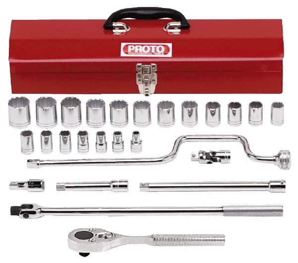 Proto - 26 Piece 1/2" Drive Socket Set - 12 Points, 3/8" to 1-1/4" Range, Inch Measurement Standard - Exact Tooling