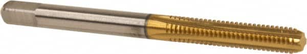 Made in USA - #8-32 UNC 2B 4 Flute TiN Finish High Speed Steel Straight Flute Standard Hand Tap - Bottoming, Right Hand Thread, 2-1/8" OAL, 3/4" Thread Length, H3 Limit, Oversize - Exact Tooling