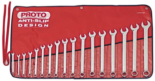 Proto - 17 Piece, 7mm to 24mm, 12 Point Combination Wrench Set - Metric Measurement Standard, Full Polish Finish, Comes in Tool Roll - Exact Tooling