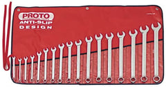 Proto - 17 Piece, 7mm to 24mm, 12 Point Combination Wrench Set - Metric Measurement Standard, Full Polish Finish, Comes in Tool Roll - Exact Tooling