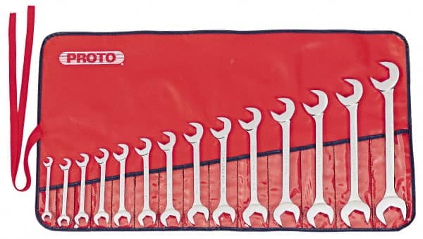 Proto - 14 Piece, 3/8" to 1-1/4", Open End Wrench Set - Inch Measurement Standard, Full Polish Finish, Comes in Nylon Roll - Exact Tooling
