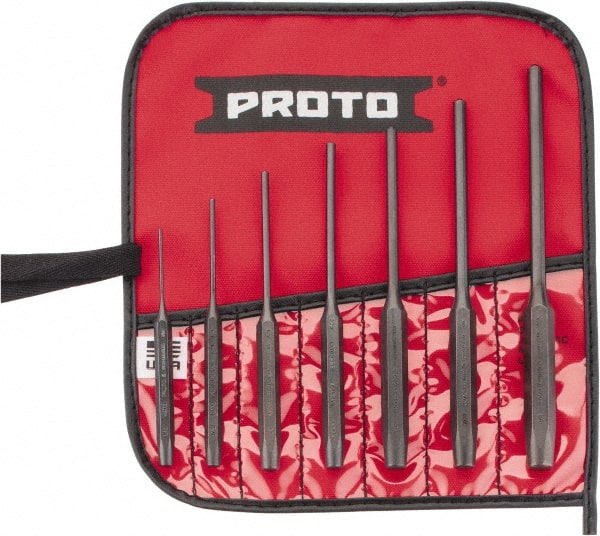 Proto - 7 Piece, 1/16 to 1/4", Pin Punch Set - Round Shank, Comes in Pouch - Exact Tooling