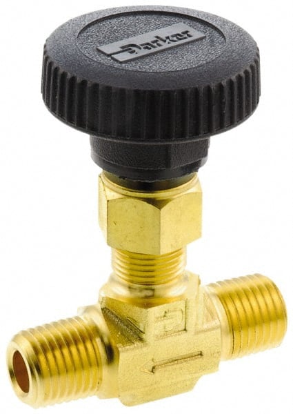 Parker - 3,000 Max psi, 3/8" Pipe, Brass, Inline Instrumentation Needle Valve - MNPT x MNPT End Connections - Exact Tooling