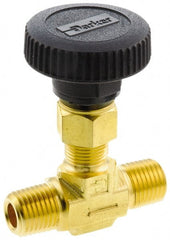 Parker - 3,000 Max psi, 3/8" Pipe, Brass, Inline Instrumentation Needle Valve - MNPT x MNPT End Connections - Exact Tooling
