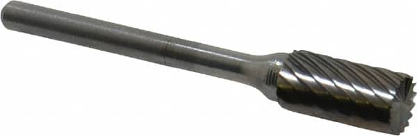 Atrax - 1/4" Cut Diam, 1/8" Shank Diam, Cylinder with End Cut Head Single Cut Burr - Carbide, End Cut End, 1/2" LOC, 1-3/4" OAL - Exact Tooling